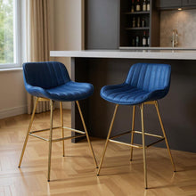 Load image into Gallery viewer, Velvet And Metal Swivel Low Back Bar Height Bar Chairs (Set of 2) - Blue And Gold
