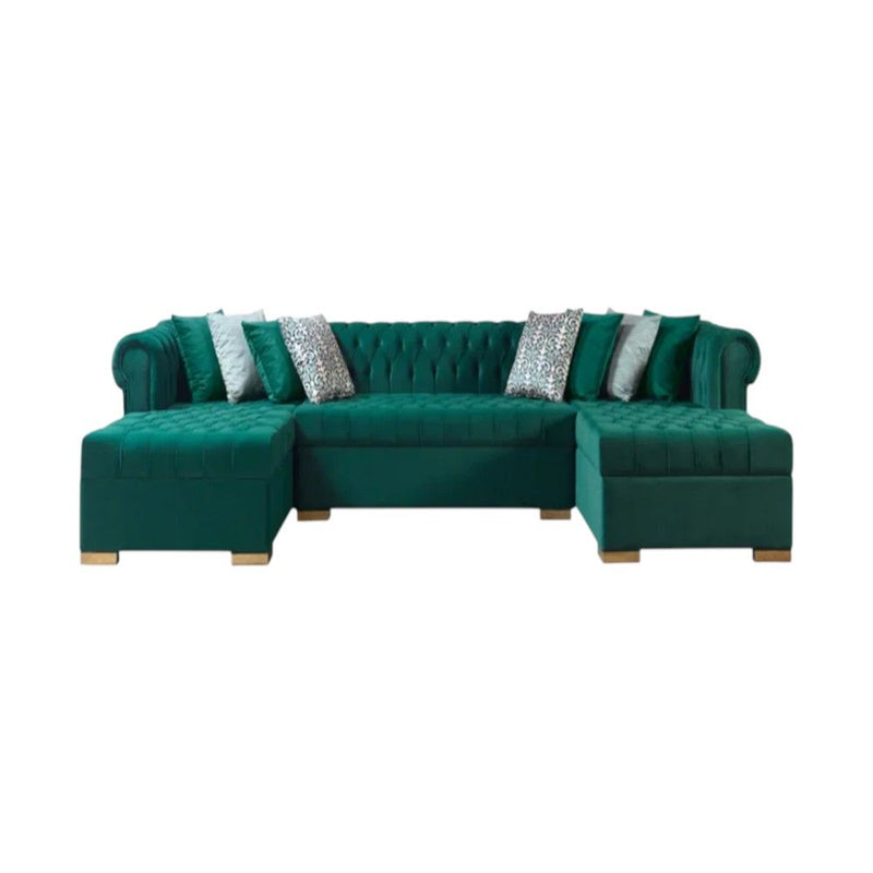 Velvet U Shaped Three Piece Sofa Chaise Sectional With Toss Pillows - Green