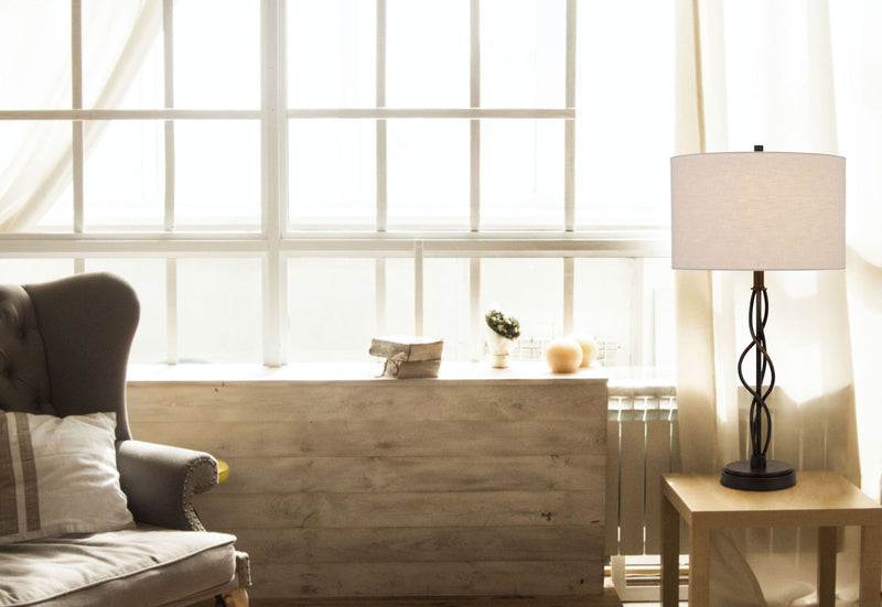 Metal Candlestick Table Lamp With Off-White Drum Shade - Black