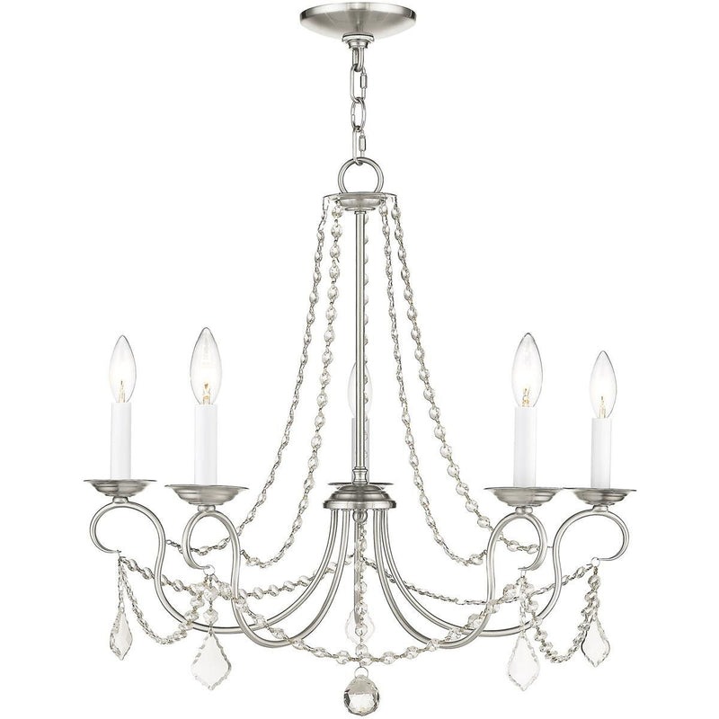 23" Five Light Dimmable Chandelier With Shades - Pearl Silver / Nickel