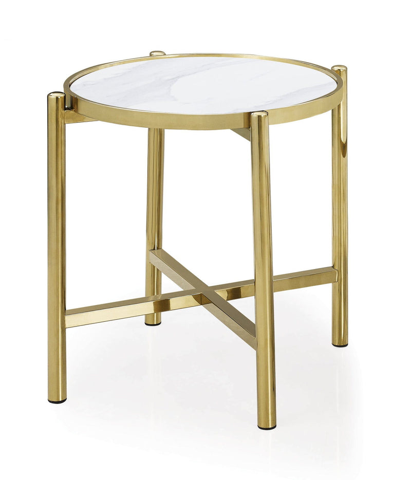 22" Contemporary Faux Marble Ceramic And Metal Cross Legs Round End Table - Gold / White