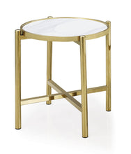 Load image into Gallery viewer, 22" Contemporary Faux Marble Ceramic And Metal Cross Legs Round End Table - Gold / White

