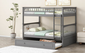 Full over Full Bunk Bed with Twin Size Trundle, Convertible Beds, Gray