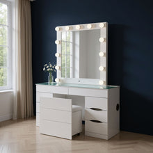 Load image into Gallery viewer, 62" Wood And Glass Six Drawer Vanity Table With Mirror Seating And Lights - White

