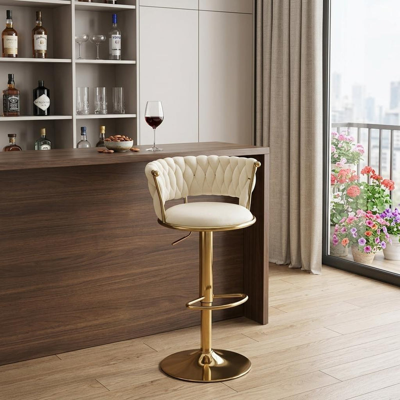 Velvet And Metal Low Back Adjustable Height Swivel Bar Chair - Beige And Gold