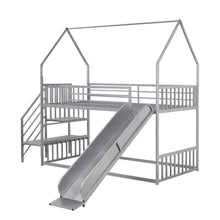 Load image into Gallery viewer, Twin over Twin Metal Bunk Bed House Bed with Slide and Staircase, Silver
