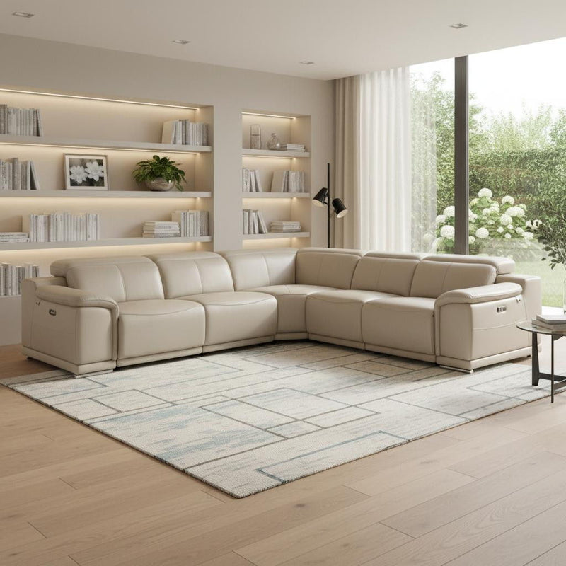 Italian Leather Power Reclining U Shaped Five Piece Corner Sectional With Console - Beige