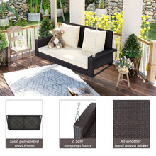 Load image into Gallery viewer, GO 2-Person Wicker Hanging Porch Swing with Chains, Cushion, Pillow, Rattan Swing Bench for Garden, Backyard, Pond. (Brown Wicker, Beige Cushion)
