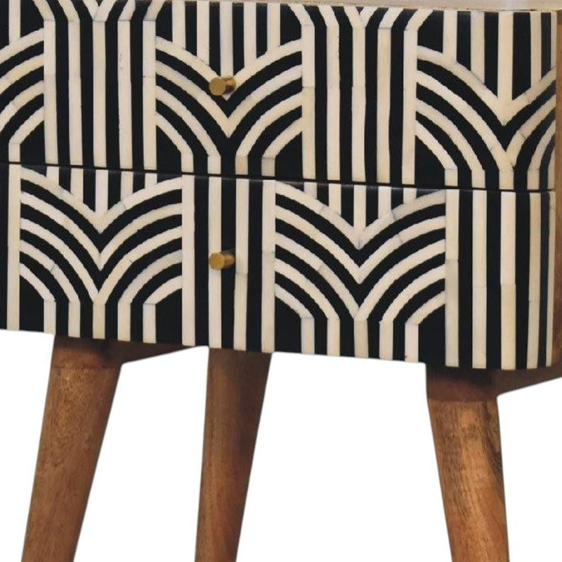 Solid Wood Geometric Bone Inlay Two Drawer Nightstand - Black / Ivory / Natural