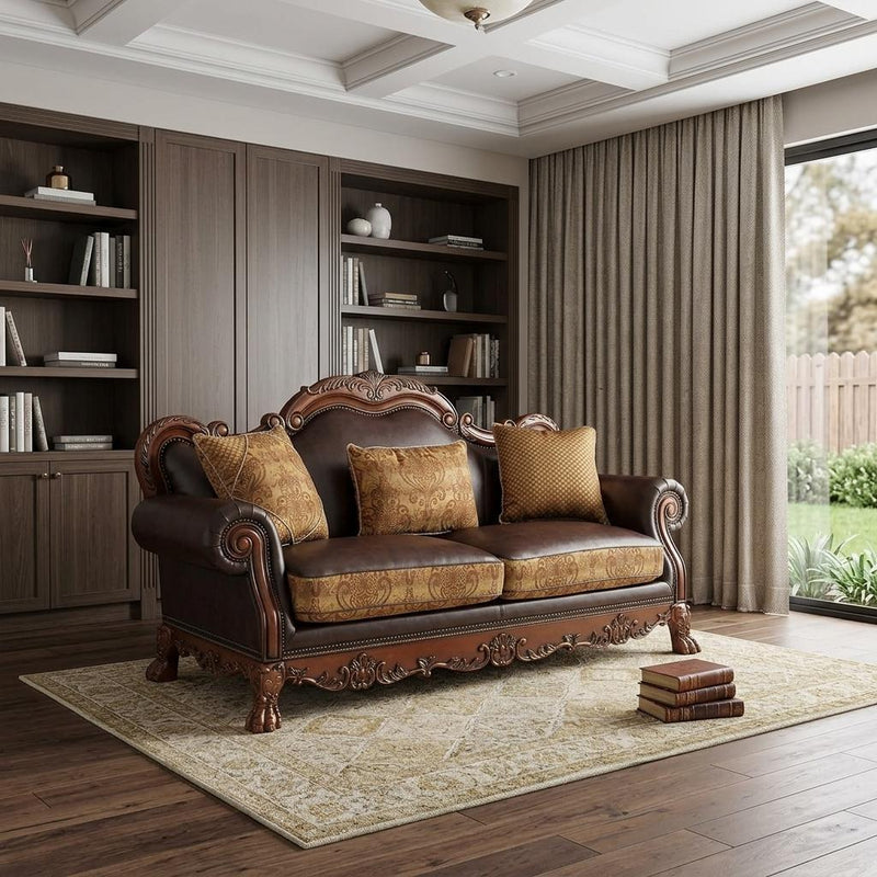 Chenille Faux Leather And Wood Damask Sofa With Toss Pillows - Brown