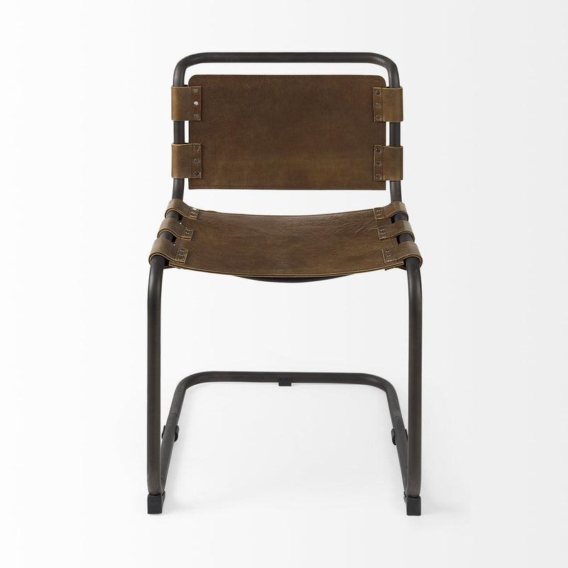 Leather Metal Open Back Dining Side Chair - Brown