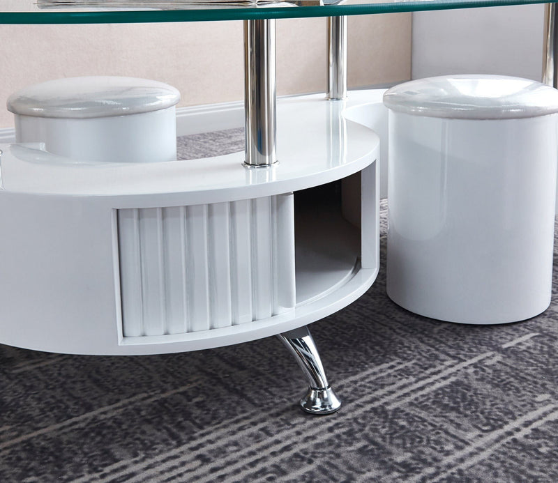 Unfinished Mirrored Glass Wood Stainless Steel Oval Coffee Table - White