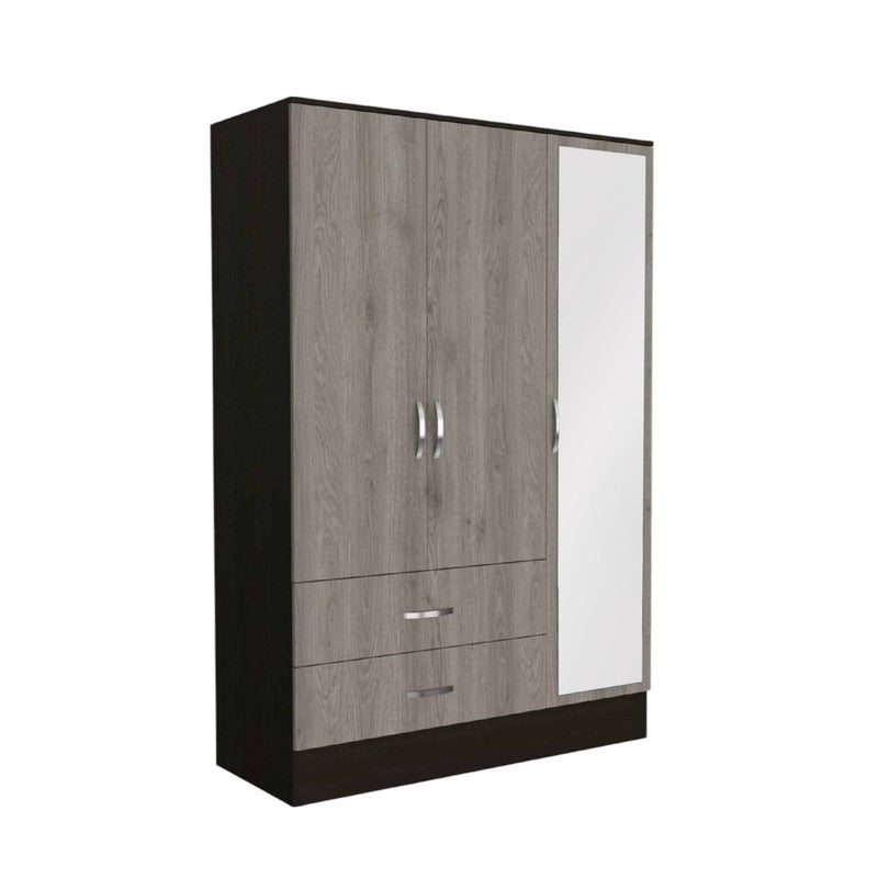 Three Door Wardrobe Closet With Mirror - Light Oak / Black