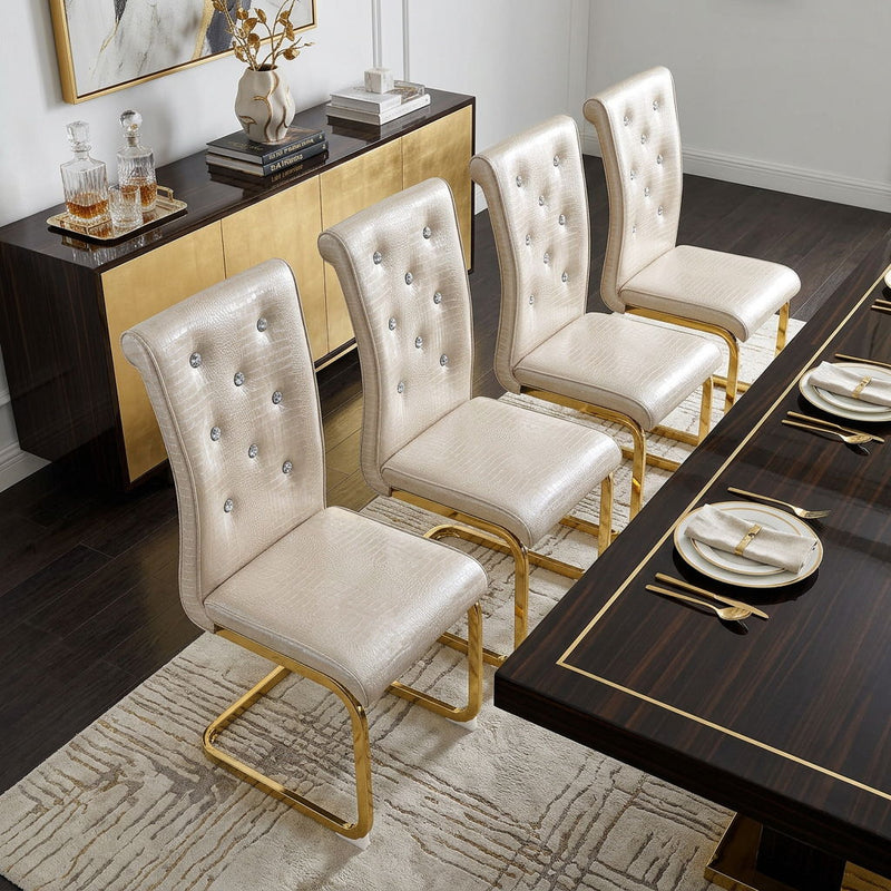 Faux Leather Metal Dining Side Chairs (Set of 4) - Beige / Gold