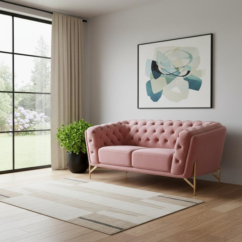 Stylish Velvet Loveseat With Diamond Tufts - Pink