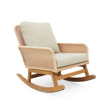 Load image into Gallery viewer, Modern 3 Piece Outdoor Seating Set With Cushioned Rattan Rocking Chairs And Wooden Accent Table
