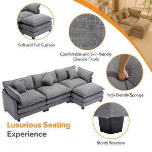 112.2" L-Shape Chenille Upholstered Sofa for Living Room Modern Luxury Sofa Couch with Ottoman, 5 Pillows, Gray