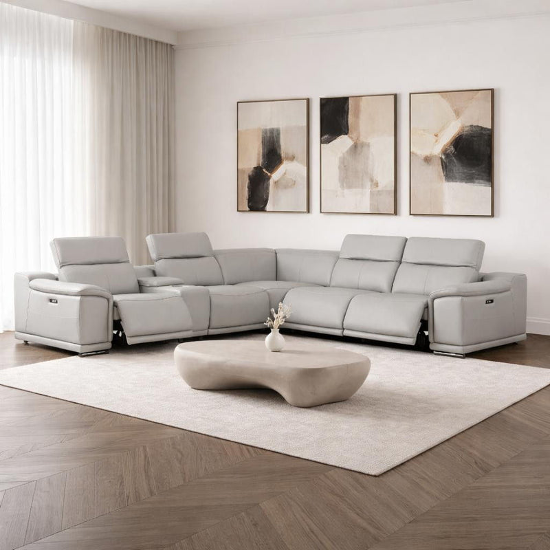 Leather Modular L Shaped Six Piece Corner Sectional With Console - Ash / Gray