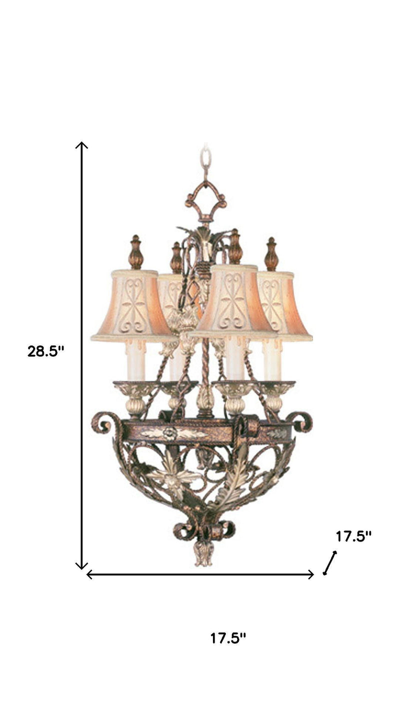29" Four Light Metal Dimmable Chandelier With Shades - Bronze / Cream