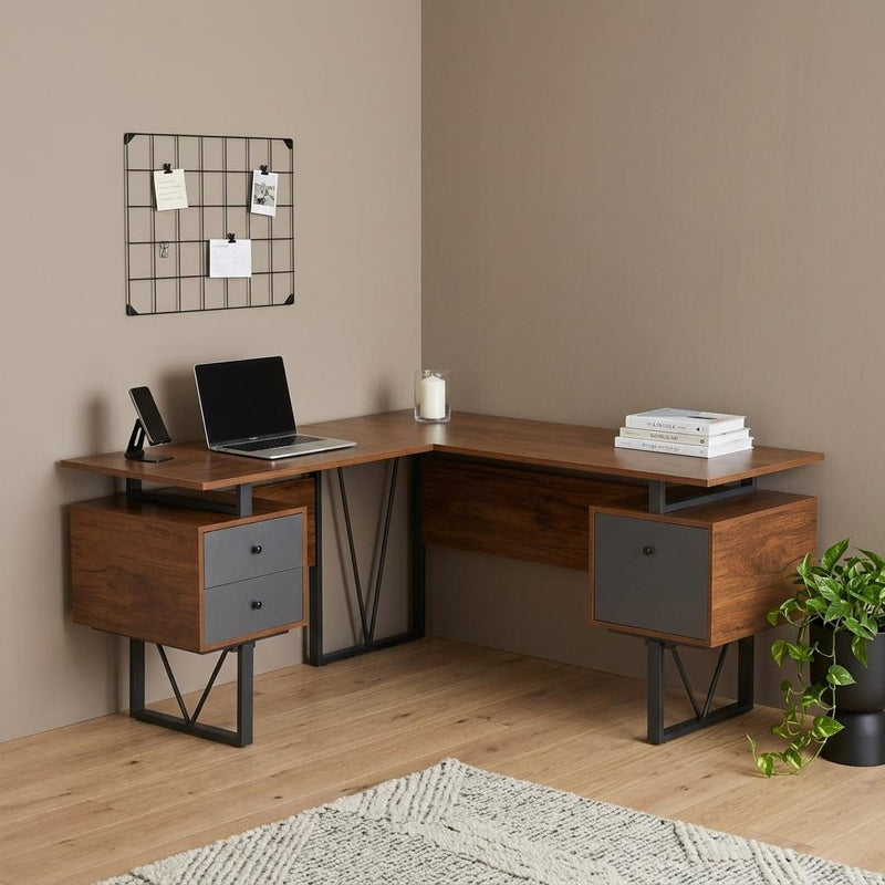 L Shape Pedestal Computer Desk With Three Drawers - Walnut / Gray