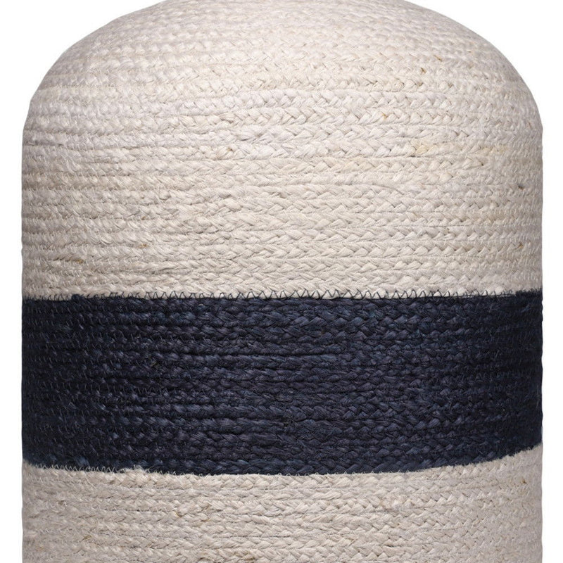 18" Jute Blend Cylinder Striped Pouf Ottoman - White And Navy Blue