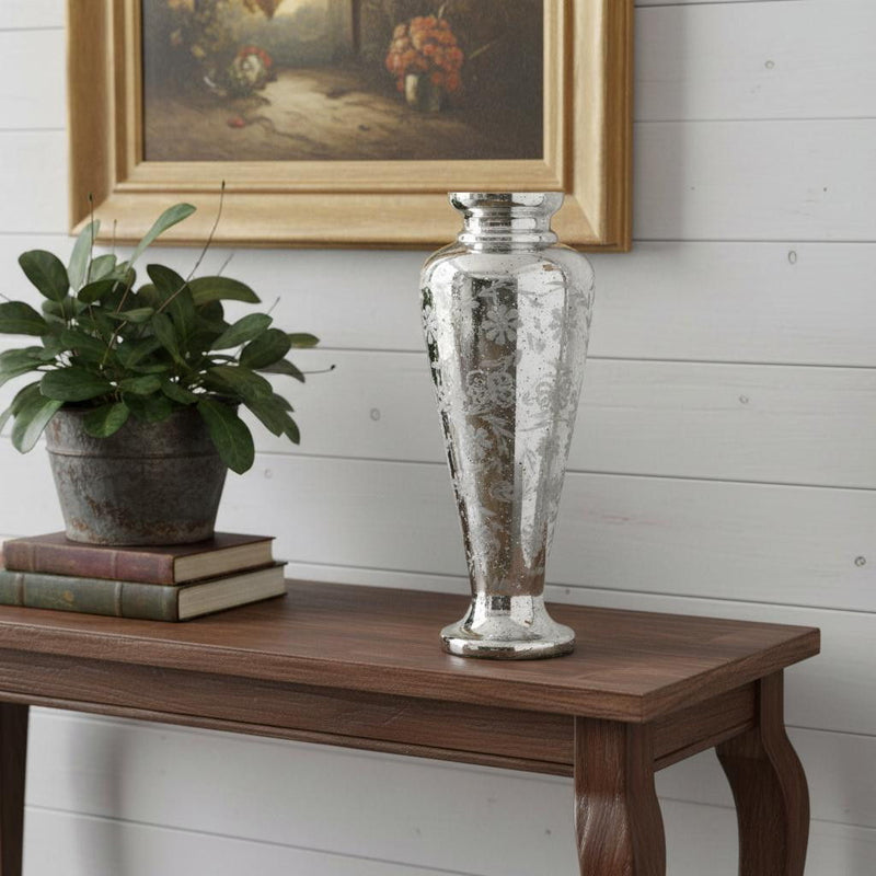 Etched Floral Round Table Vase - Antiqued Silver