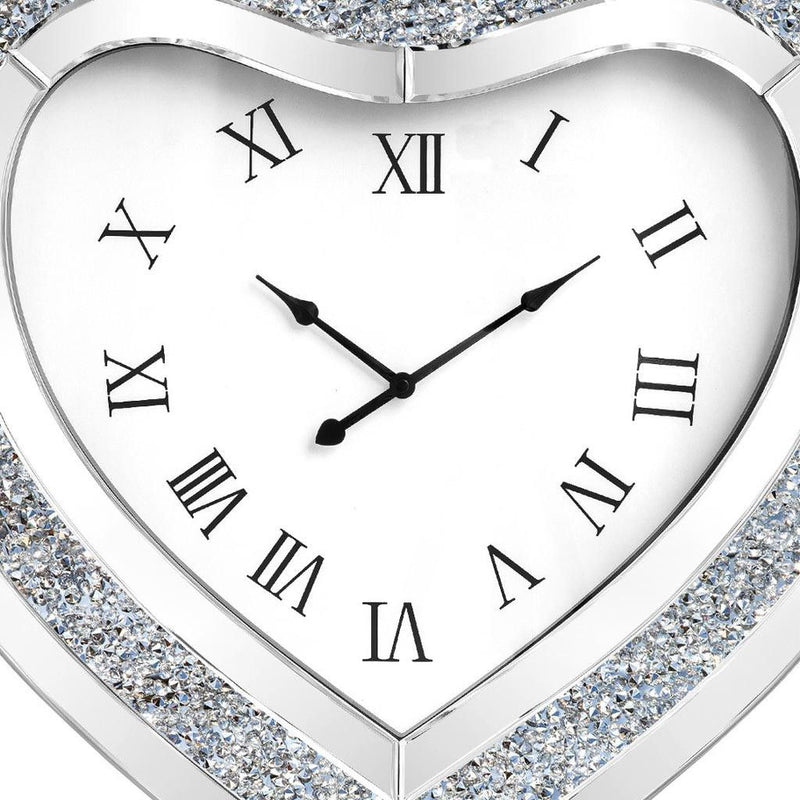 Mirrored Silent Analog Heart Wall Clock - Silver