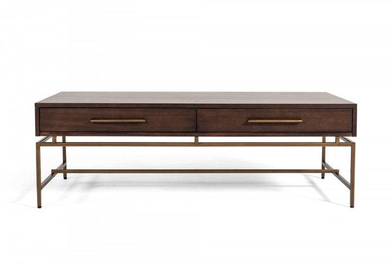 Mid Century Modern Acacia Coffee Table - Brown Antiqued Brass