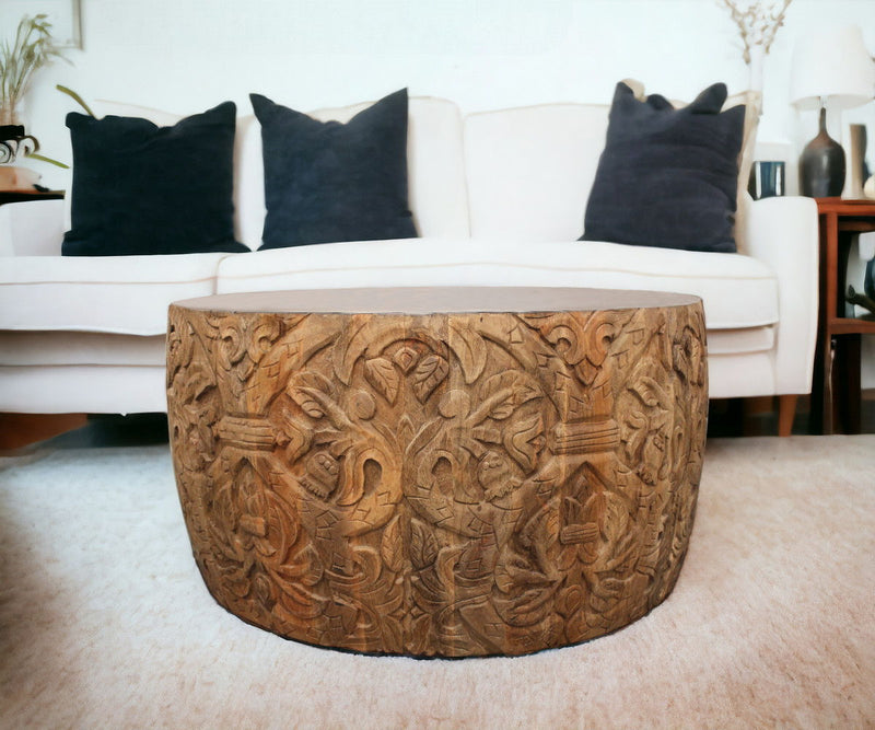 Iron And Solid Wood Round Coffee Table - White And Natural