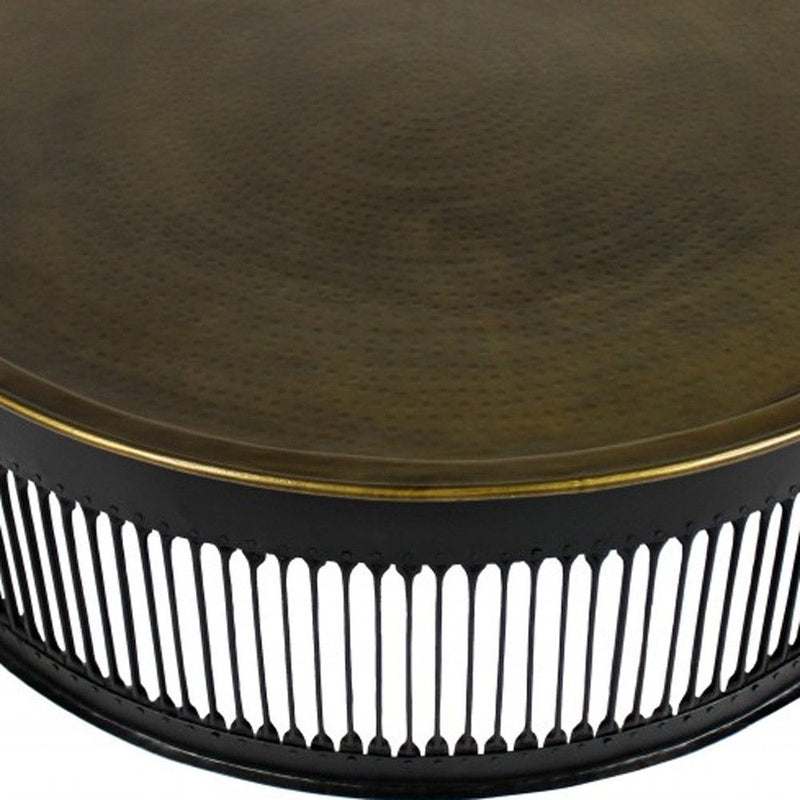 Round Drum Shaped Brass Coffee Table - Black