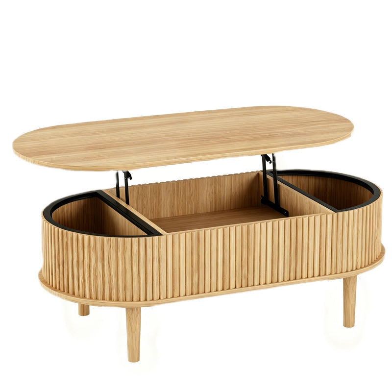 Oval Lift Top Drum Coffee Table With Three Shelves - Natural