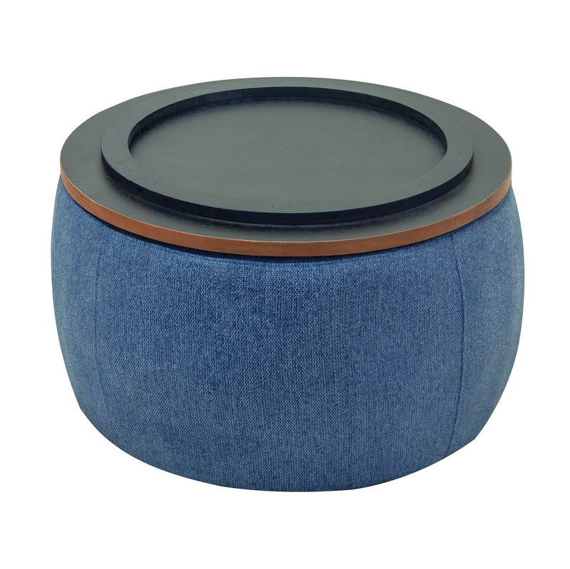 26" Fabric And Wood Reversible Tray Top Round Storage Ottoman - Navy Blue