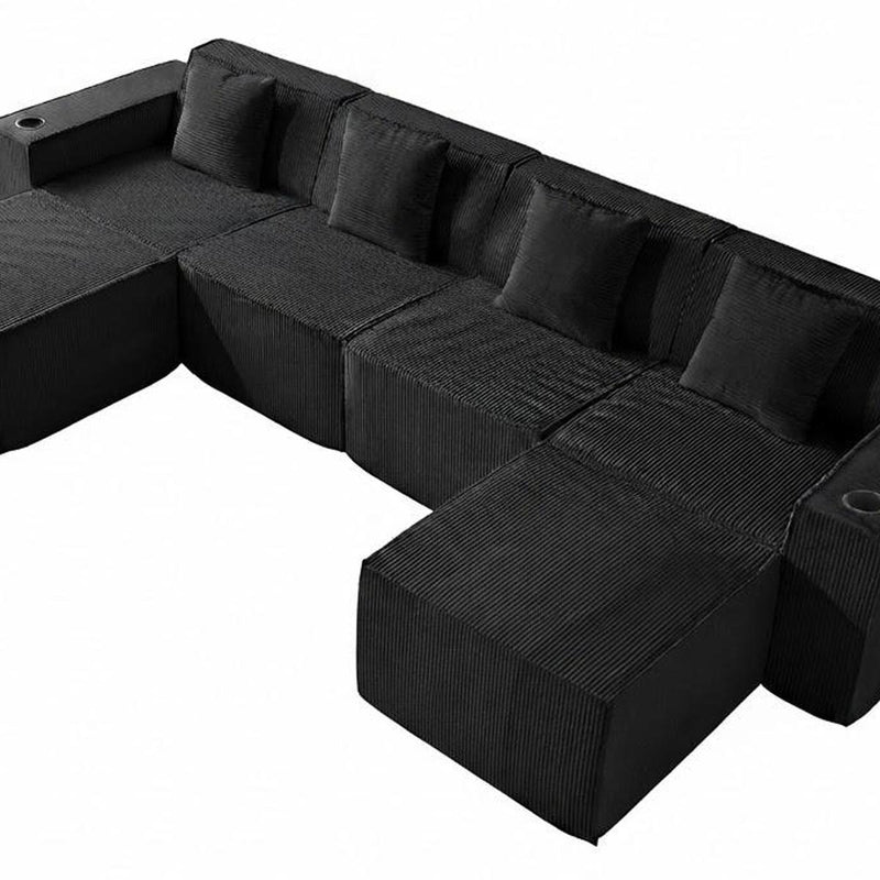 Corduroy Modular Sofa With Ottoman And Toss Pillows - Black