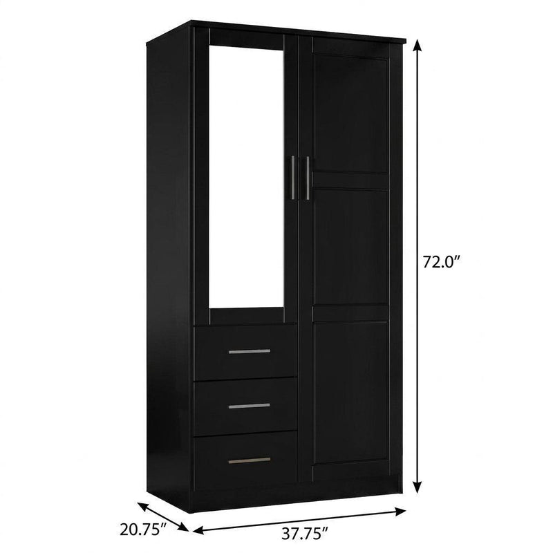Solid Wood Mirrored Two Door Three Drawer Combo Dresser - Black