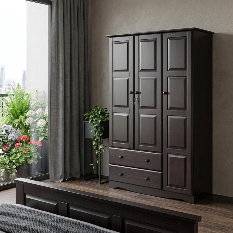 Solid Wood Three Door Two Drawer Combo Dresser (762946) - Dark Brown