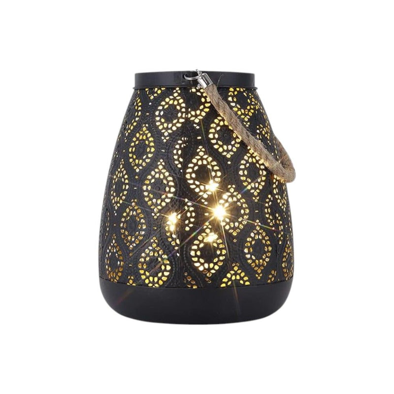 Metal Battery Operated Pierced Geometric Lantern - Black