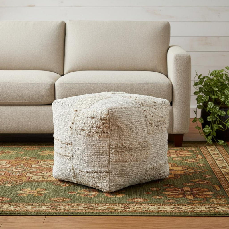 Upholstery Cube Checkered Pouf Ottoman - Ivory