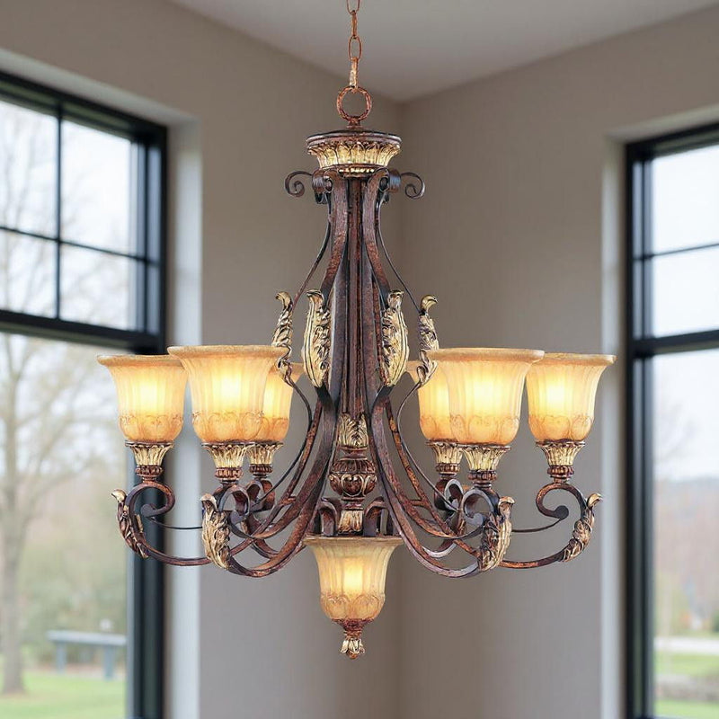 35" Seven Light Dimmable Chandelier With Shades - Bronze