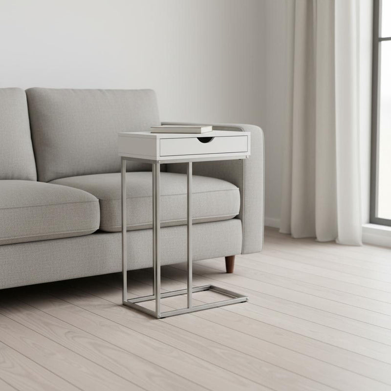 Laminate And Iron End Table With Drawer - White And Silver