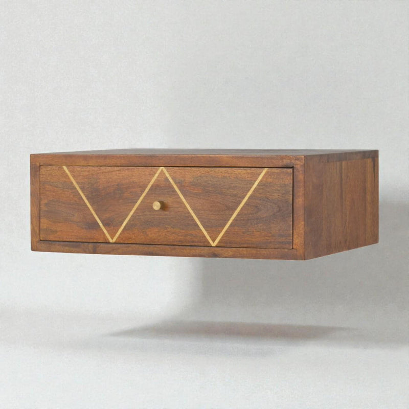 Solid Wood Geometric Inlay One Drawer Floating Nightstand - Chestnut / Brass