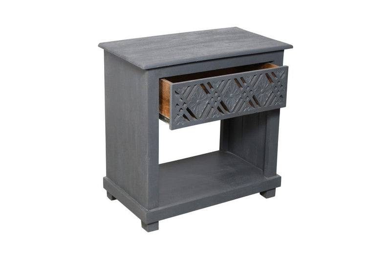 Solid Wood Distressed Carved Geometric One Drawer Nightstand - Gray