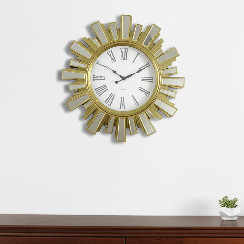 Mirrored Heavy Duty Plastic Silent Analog Sunburst Wall Clock - Gold / Gold / White