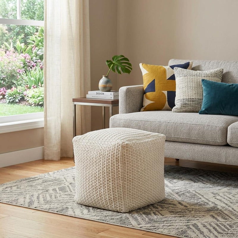 Cotton Blend Cube Pouf Ottoman - Off White