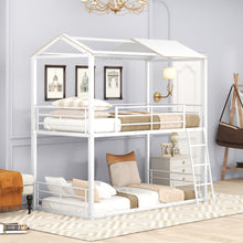 Load image into Gallery viewer, Twin Over Twin Bunk Bed Metal Bed with Half Roof, Guardrail and Ladder White
