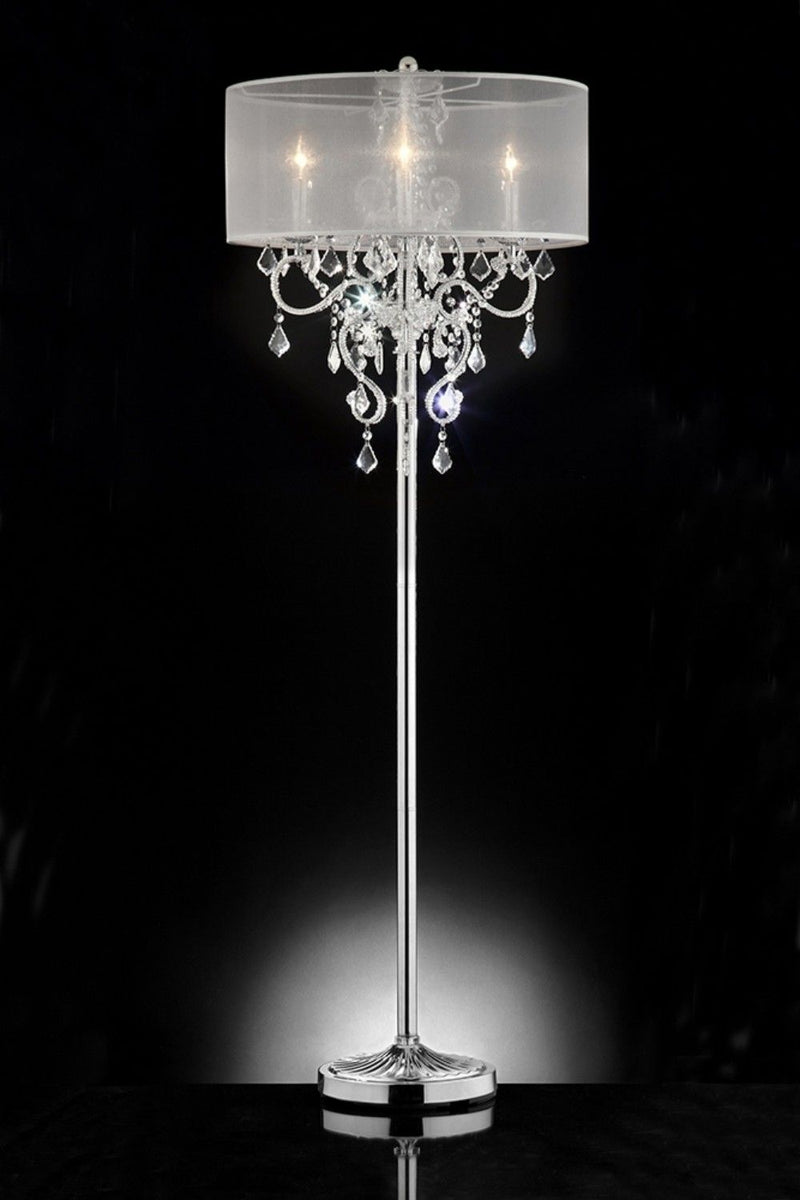 Steel Three Light Candelabra Floor Lamp With Drum Shade - Silver White