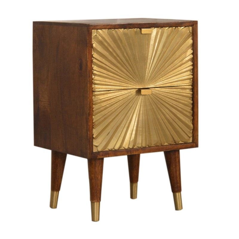 Brass And Solid Wood Geometric Brass Inlay Two Drawer Nightstand - Brown