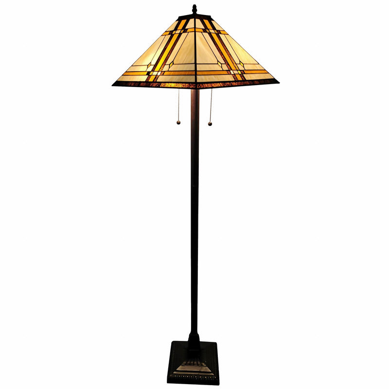 Two Lights Traditional Shaped Floor Lamp With Brown And White Stained Glass Cone Shade - Brown