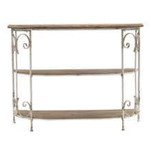 Load image into Gallery viewer, 3 Tiered Wooden Shelving Unit With Ornate Iron Frame - Multicolor
