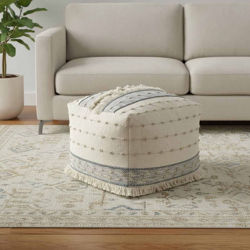 Cotton Wool Striped Pouf Ottoman - Ivory / Navy Blue