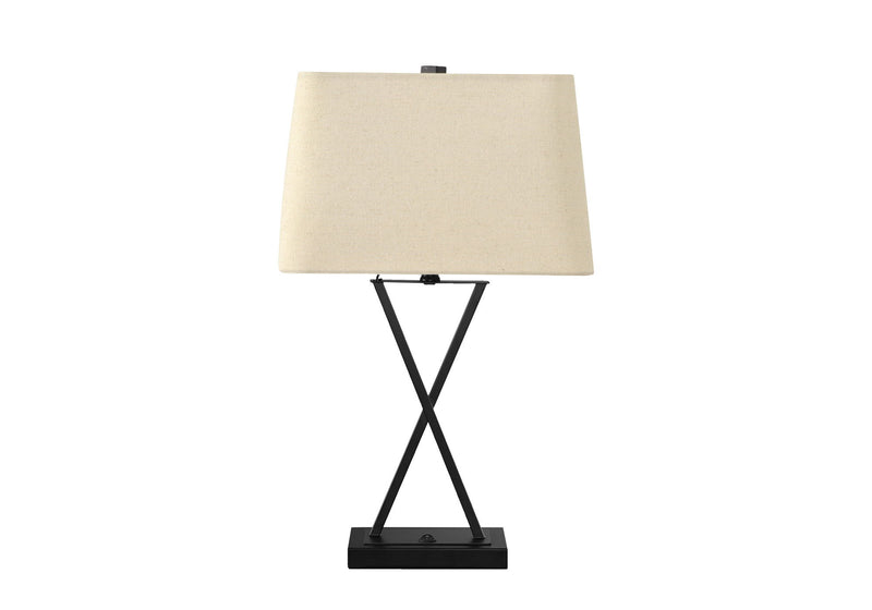 Metal Geometric USB Table Lamp With Beige Shade - Black